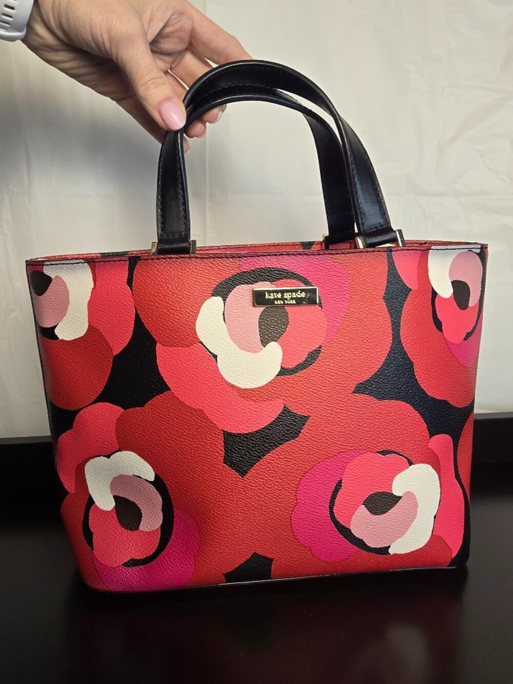 Kate Spade Red Pink Camellia Rose Floral Small Leather Tote Bag